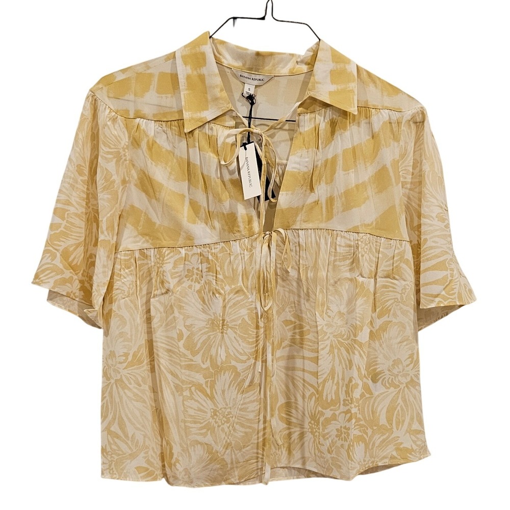 Banana Republic Silk Tie Front Floral Striped Blouse Butter Yellow Small Boho
